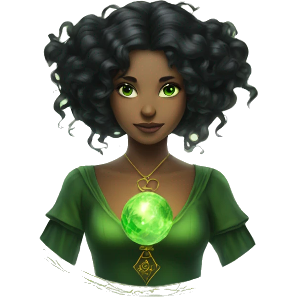Magic girl black hair green eyes with tarot emoji