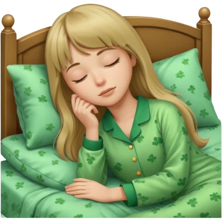 Young woman with long dark blond hair and a bang sleeping in bed  with green pyjama emoji