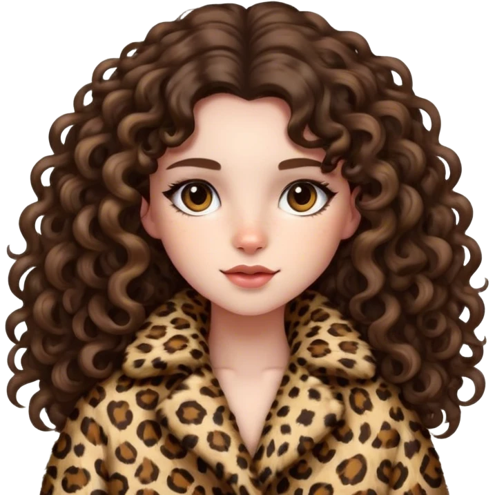 Brunette girl with long curly hair in fluffy leopard print coat  emoji