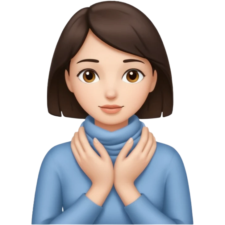 a brunette woman with two hands wrapped around her neck emoji