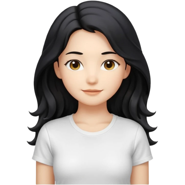front-facing, chest-up portrait, symmetrical pose
long wavy black hair, glossy strands, slightly rounded volume, soft gentle smile, relaxed eyes, cute proportions
white T-shirt, minimal, pure white background, bright soft lighting, smooth plastic-like material, clean rende emoji