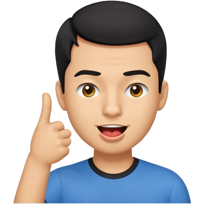 "Create a playful emoji of a young man with short black hair, wearing a blue shirt. He is winking with one eye, sticking out his tongue dramatically, and pointing to his forehead with one hand in a cheeky gesture.
 emoji