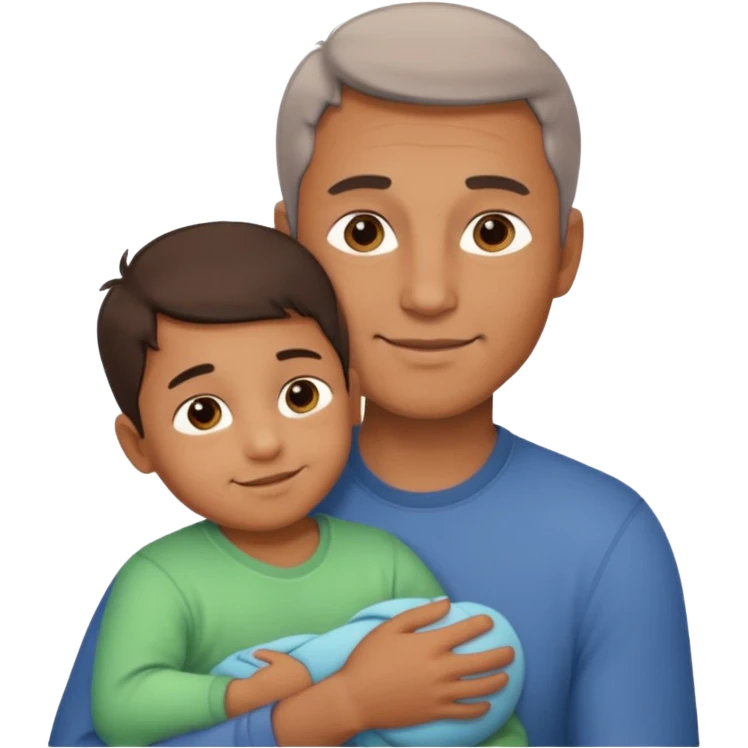 The father stands under the soft sunlight, his strong arms holding his child close to his chest, his gentle face glowing with a warm smile. emoji