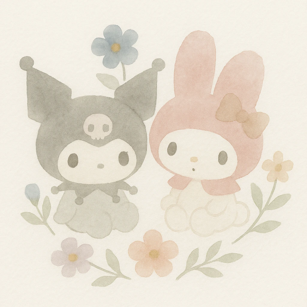 Kuromi and My Melody together, surrounded by flowers emoji
