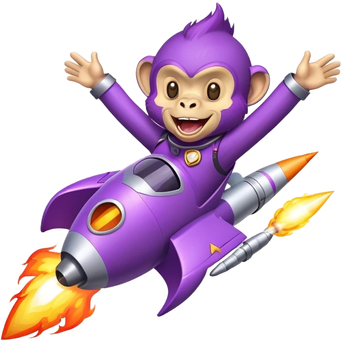 purple punk laughing monkey flying in a rocket with fire emoji