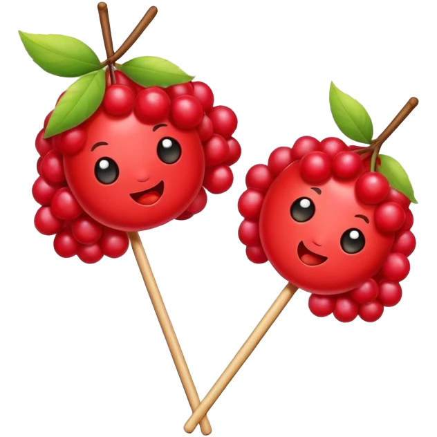 Sugar coated Chinese haws fruits crispy red snack, simplified emoji style with bold outlines and bright colors, cartoon style bingtang hulu on stick emoji