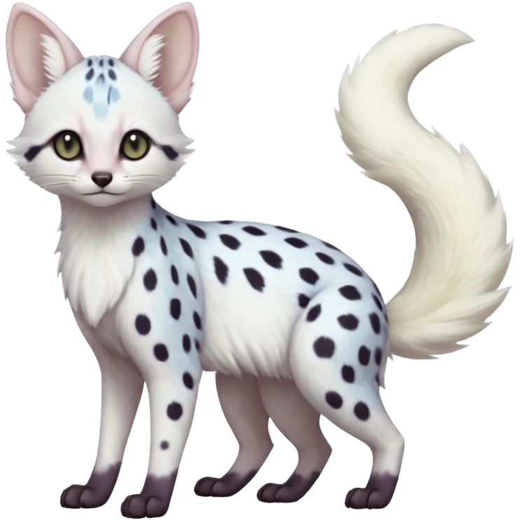 White Albino frosty snow-white whitish pastel-grey-spotted Serval-Civet-Genet-Trico-Furret-Linoone-Noibat-Espeon-Fakémon-Pokémon-animal-hybrid-fusion-creature (full body) with vibrant glowing eyes, cute, elegant, soft, realistic, pastel fur emoji