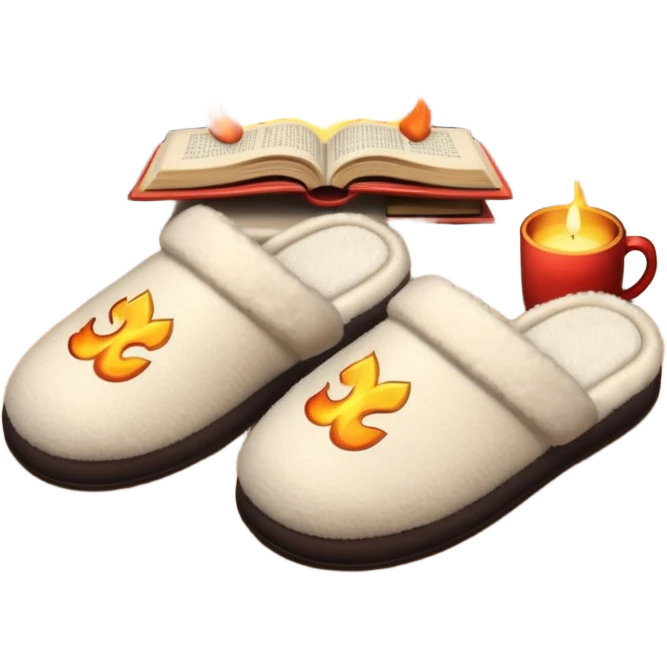 cozy slippers and a book by a fireplace, warm glow emoji