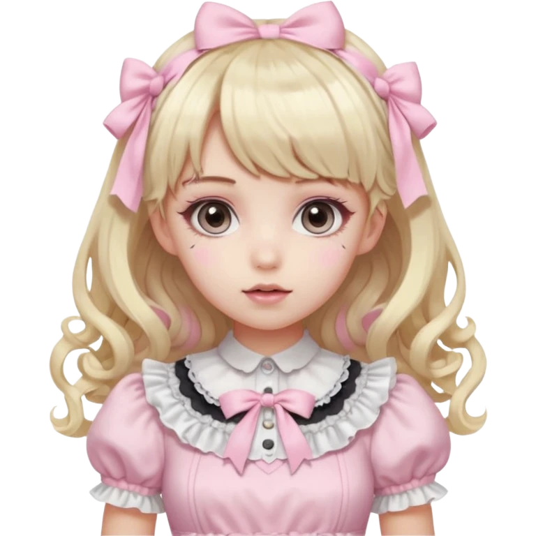 pale girl , who has curly medium length blonde and baby pink swirled hair with bangs , grey eyes , and doll like makeup , in a light pink lolita hime gyaru dress  emoji