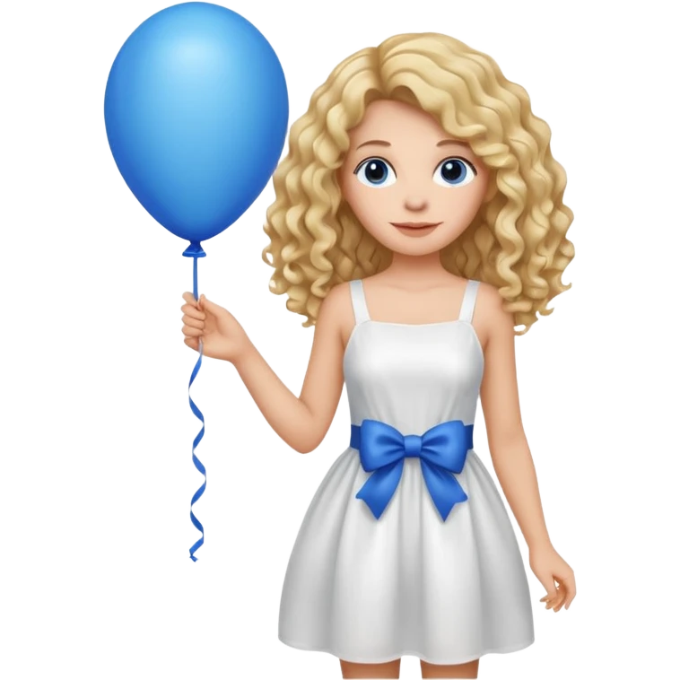 Woman curly long blonde with blue balloon, white dress emoji