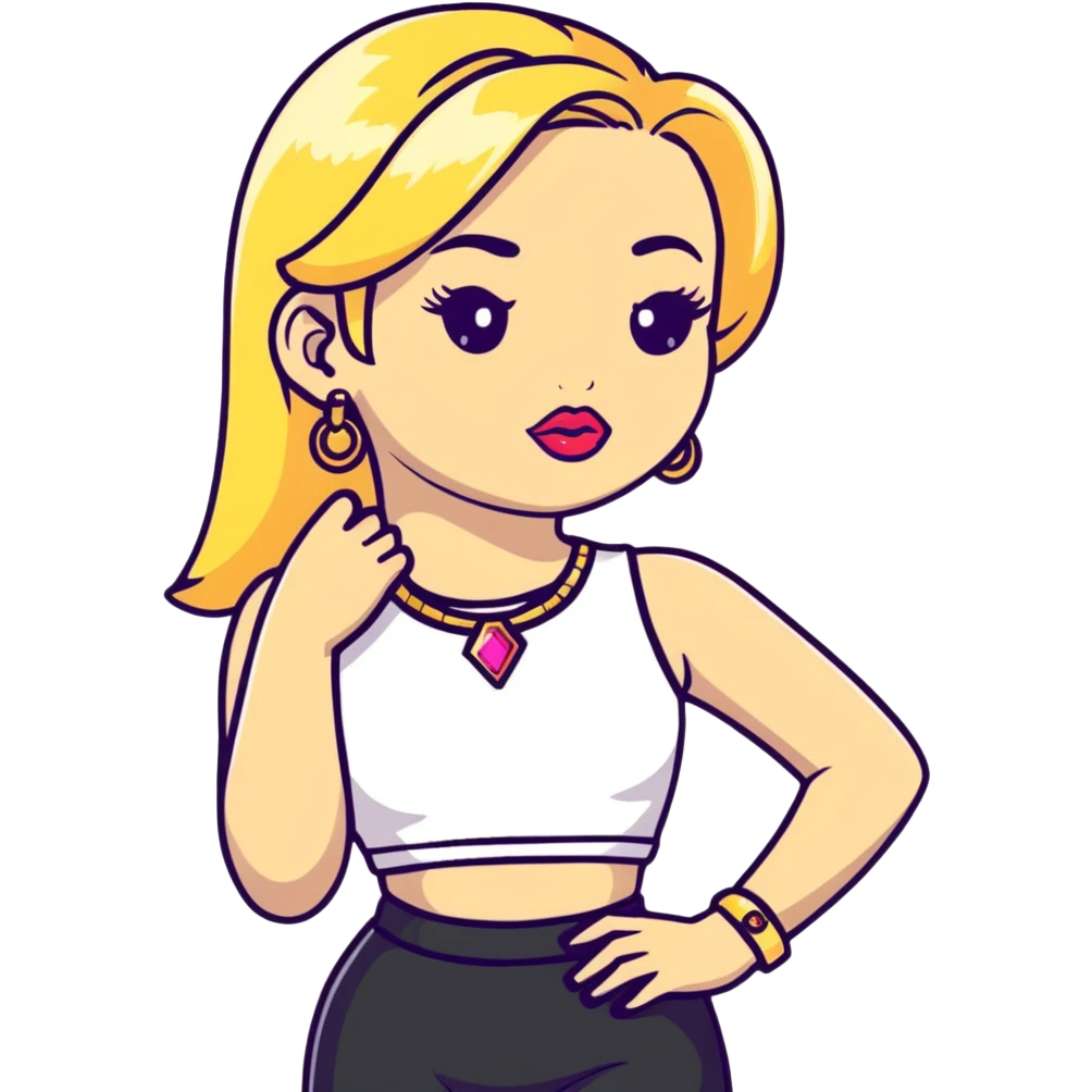 Full body white teenage girl with blonde hair, heavy makeup, big lips, crop top, gold jewelry and flashy choni style outfit emoji