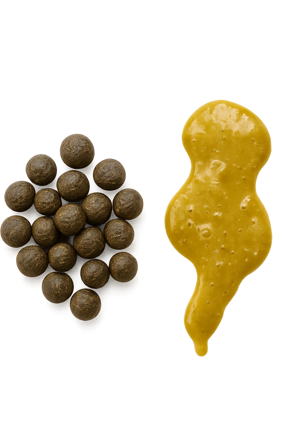 feci di animale a palline viste dall'alto e feci di animale liquide e gialline viste dall'alto, iperrealistico 4k emoji
