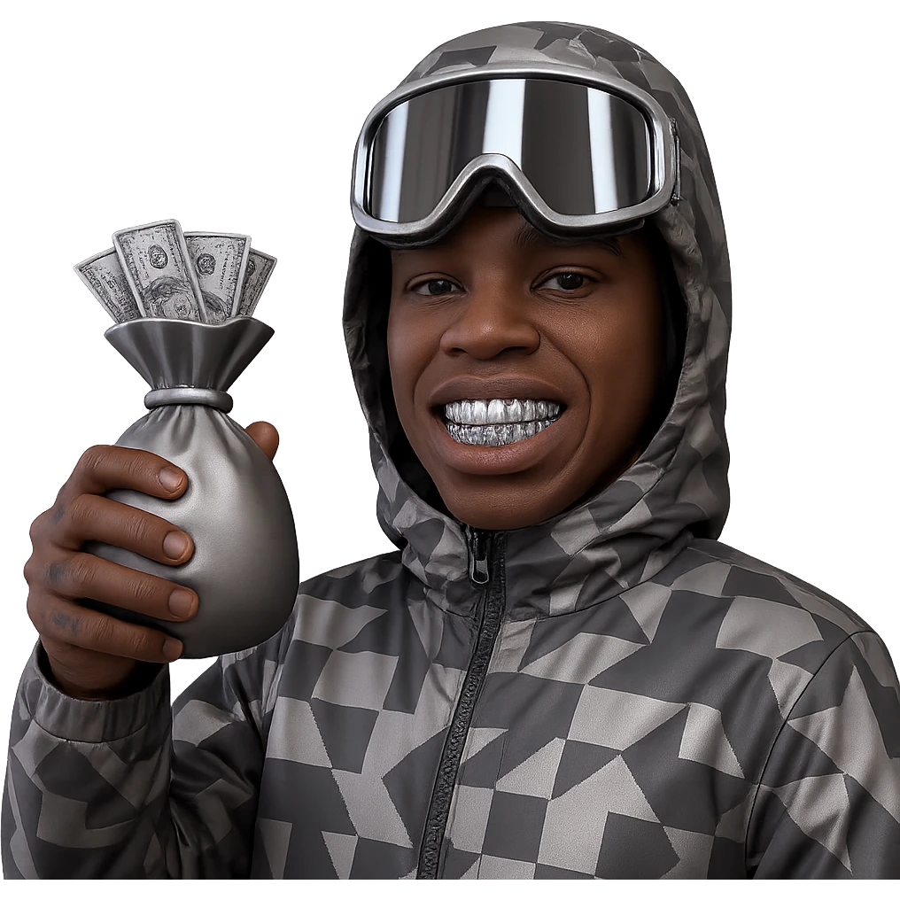 Create a character inspired by the person in the reference image with realistic brown skin tone and natural facial features. Dress him in a chrome patterned hooded jacket with a matte metallic finish (less shiny). He holds a chrome brown money bag with a subtle matte metallic look in the correct hand, with realistic US dollar bills coming out. Add shiny, reflective chrome grills on his teeth and shiny, reflective chrome ski goggles on his head. Only the jacket and money bag are matte chrome; the grills and ski goggles are shiny chrome. The face and hands look natural. Background is transparent. emoji
