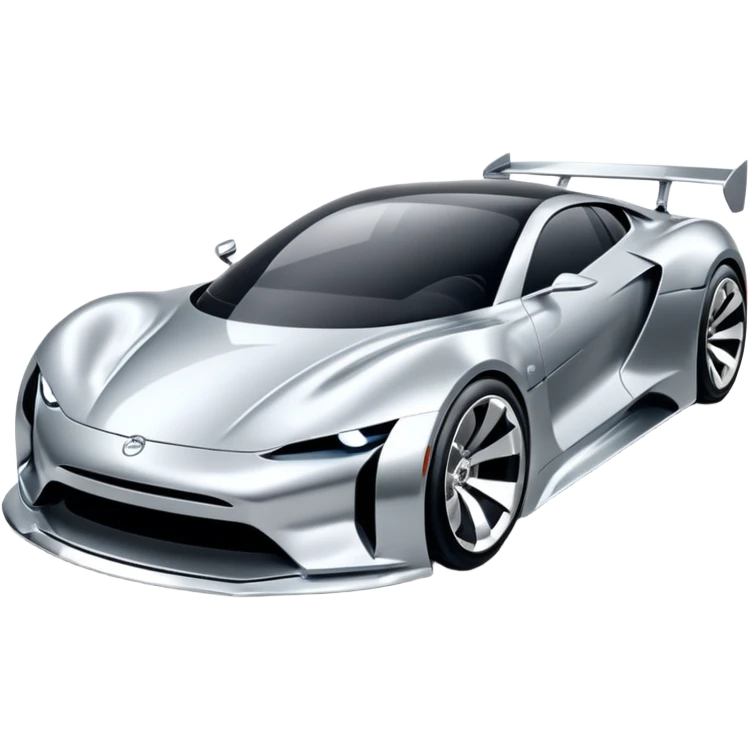 A low-profile futuristic car emoji made of polished silver chrome, wide body stance, smooth aerodynamic shape, glossy metallic surface, soft reflections, luxury swag aesthetic, minimal details, iOS emoji style, centered on clean white background, studio lighting emoji