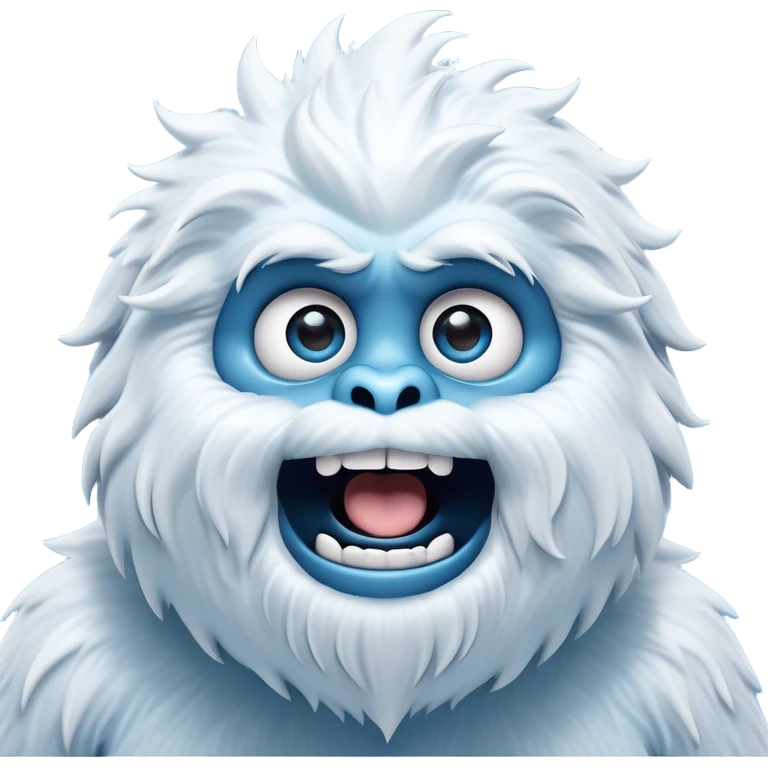 Cinematic Comical Yeti Portrait Emoji, with a cartoonishly exaggerated, fluffy figure in cool, frosty whites and icy blues, head tilted in an overly surprised expression with wide, comically sparkling eyes and a quirky, open-mouthed grin, simplified yet hilariously detailed, glowing with a soft frosty outline capturing the meme-worthy fun of a yeti in playful shock! emoji