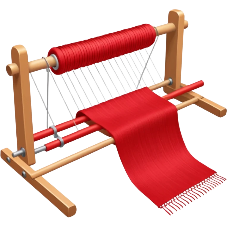 rigid heddle weaving loom set up for weaving a bright red scarf, with red yarn on a stick shuttle laying across the warp threads emoji