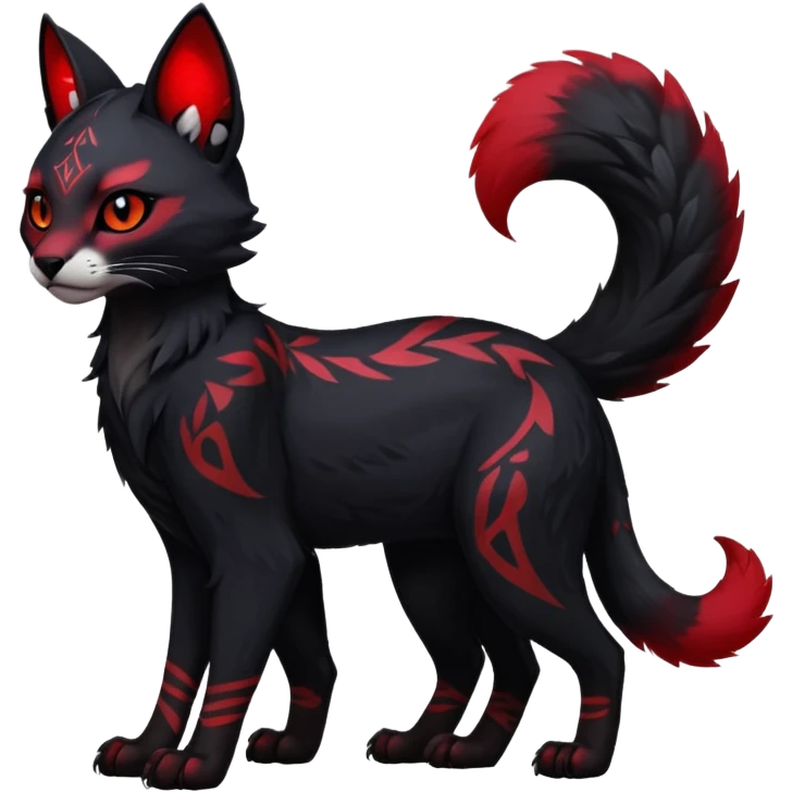 Cute kawaii cool edgy badass  dark obsidian-black fur with crimson glowing runic markings fantasy-caracal-civet-genet-sergal-vernid-Gryphon-Cacomistle-Trico-oncilla-animal-Fakémon-hybrid-fursona (full body), facial markings, (realism style) emoji