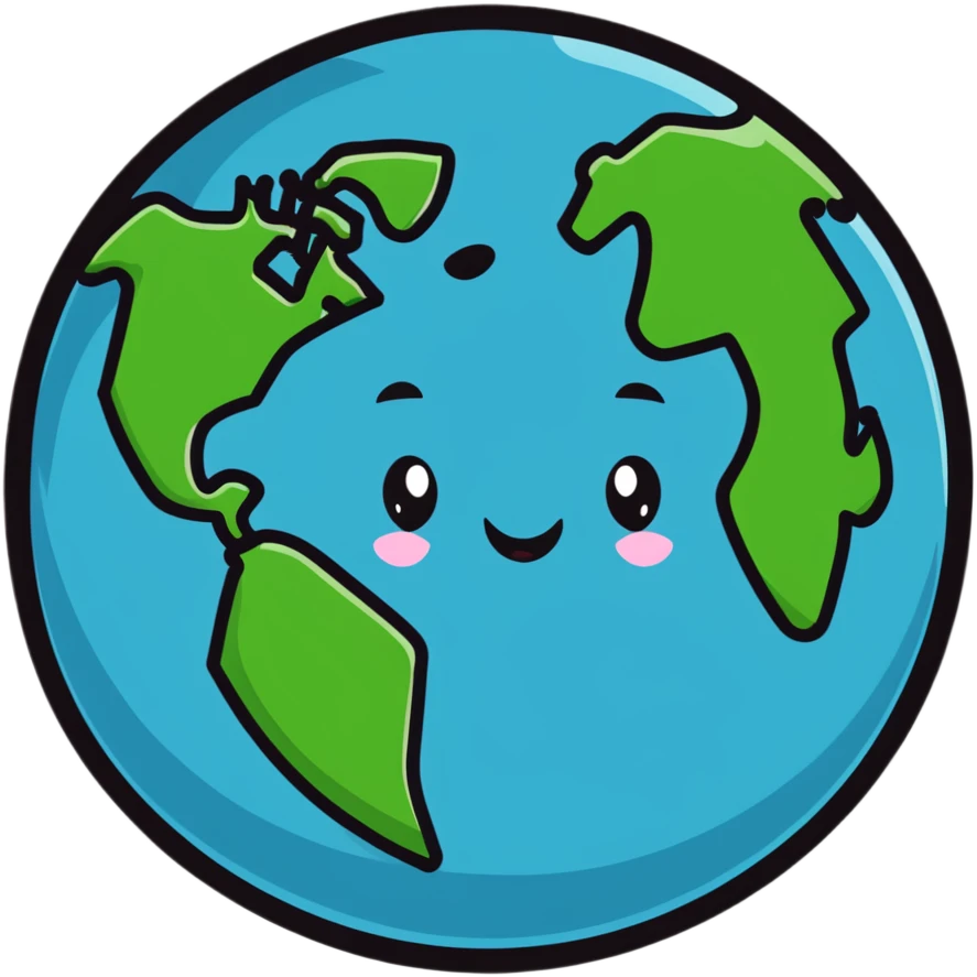 A colorful Earth globe with continents, oceans and a cute face emoji