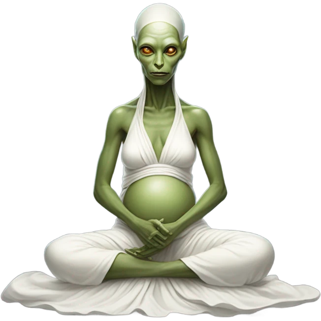 a Reptilian alien woman, pregnant, in meditation, white dress like a priestess emoji