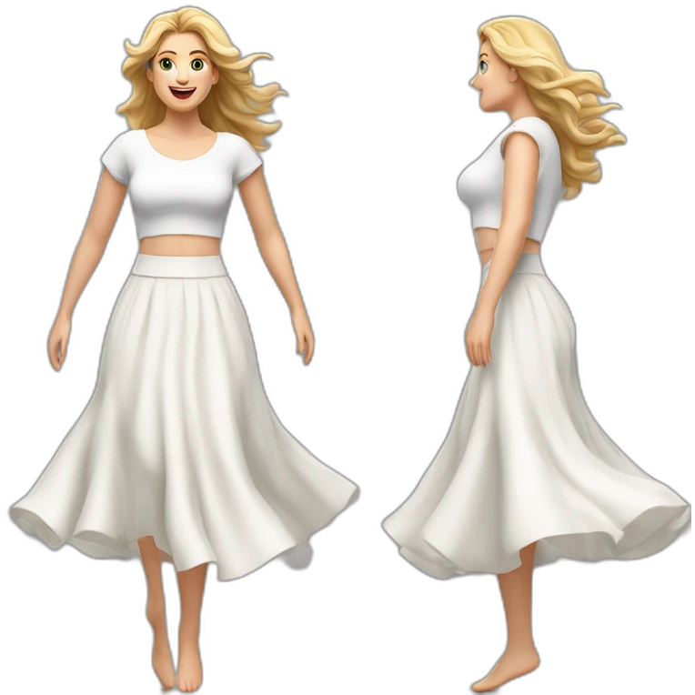 Hyperrealistic Full body Caucasian curvy beauty jumping white skirt back and front views strong wind emoji