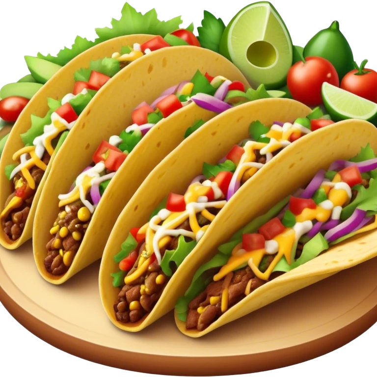 Cinematic vibrant tacos, warm soft shells filled with flavorful meats, fresh vegetables, cheese, and zesty salsa, colorful and lively, ultra-detailed and appetizing. emoji