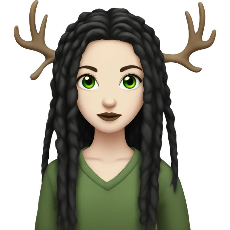 Girl with pale skin, green eyes, black dread-locks, eyeliner, deer antlers, grunge emoji