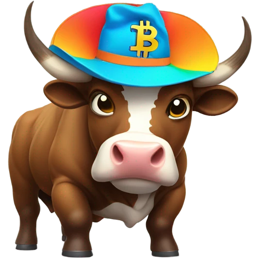 Bull ready to charge wearing bitcoin hat emoji