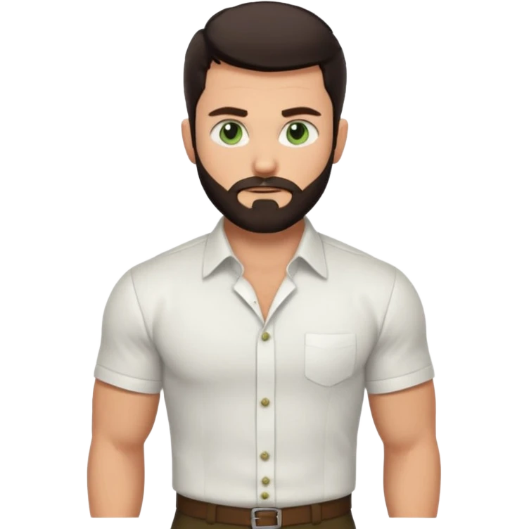 Man with a short full beard, Styled hair, Best looking man in the planet, onepiece style dark hair, green eyes, more realistic style more maskulin. Wearing a white formal shirt, first buttons open macho style, muscular

 emoji