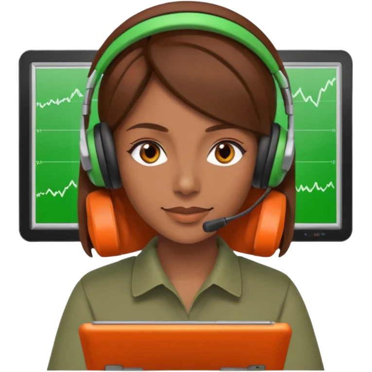 woman, brown hair, wearing a headset. she is controling limits on screen: green = ok, orange = bald überschritten, re = limite überschritten emoji