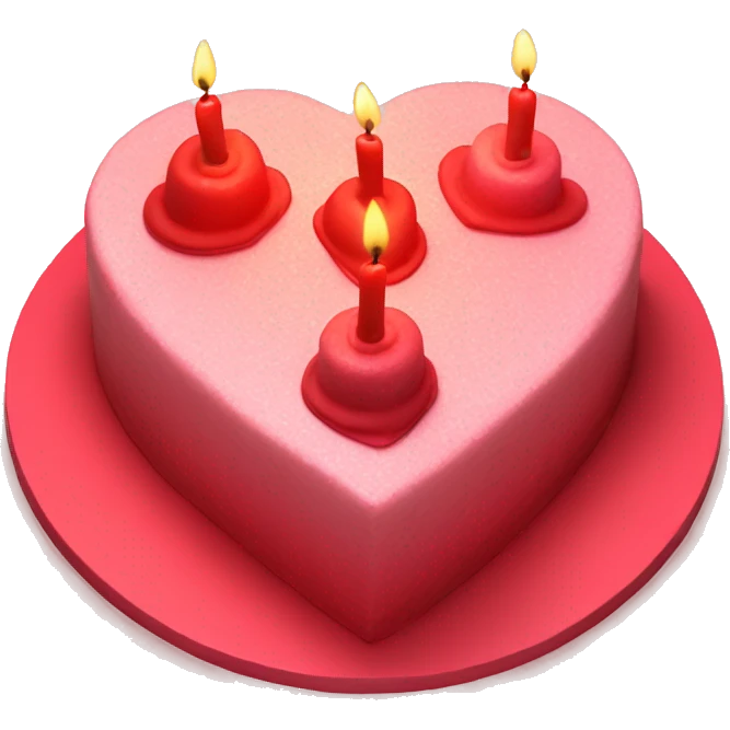 Red primarily colored heart shaped birthday cake, top view, 4 candles emoji