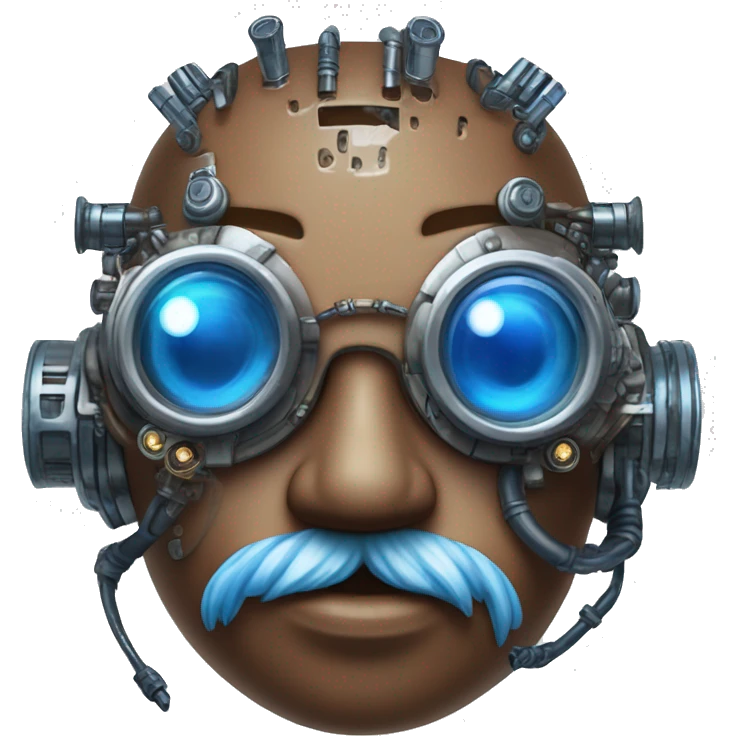 Brown cyborg head with blue Mohawk, blue beard, silver steampunk monocle goggles a smile and circuits emoji
