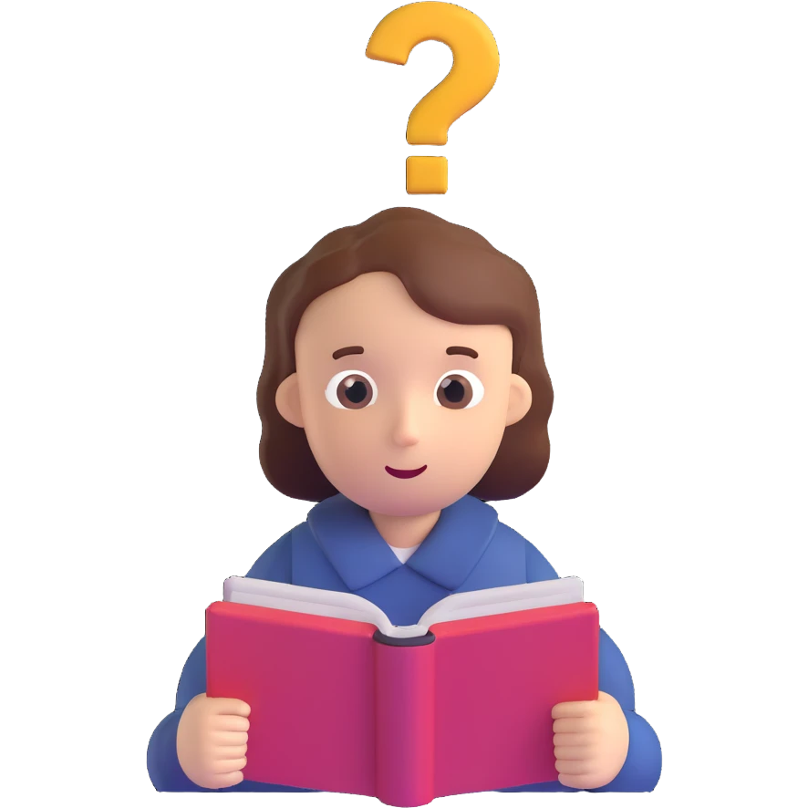 thoughtful character with question marks and open book emoji