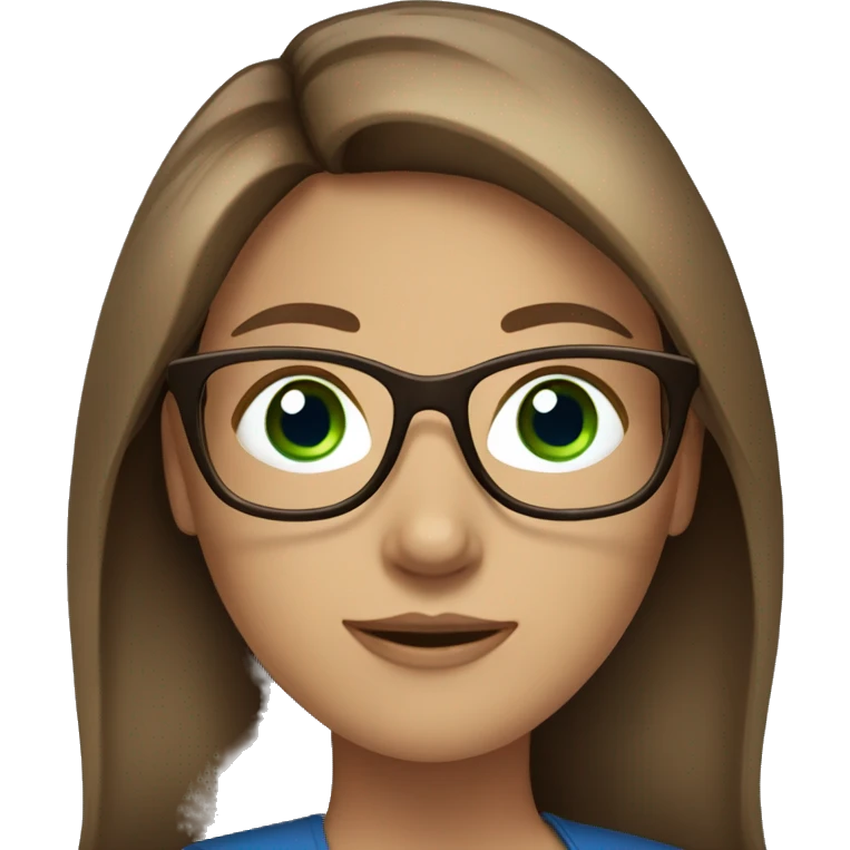 Female Accountant with glasses. Brown straight/wavy long hair with highlights and blue/green eyes emoji