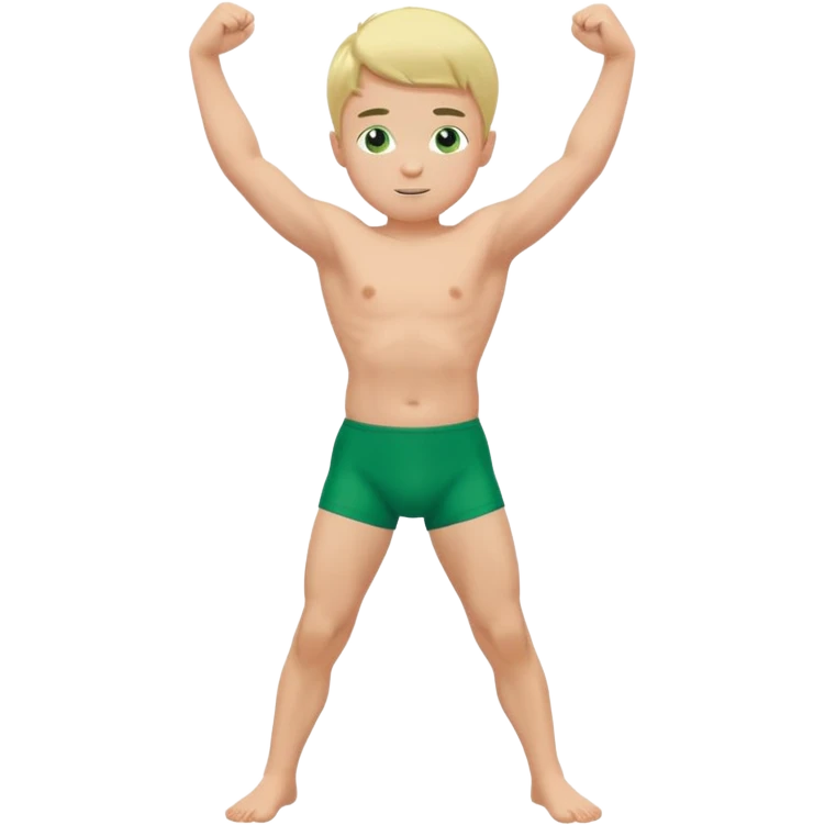 Little boy in a green speedo flexing his arms and bending his knees emoji