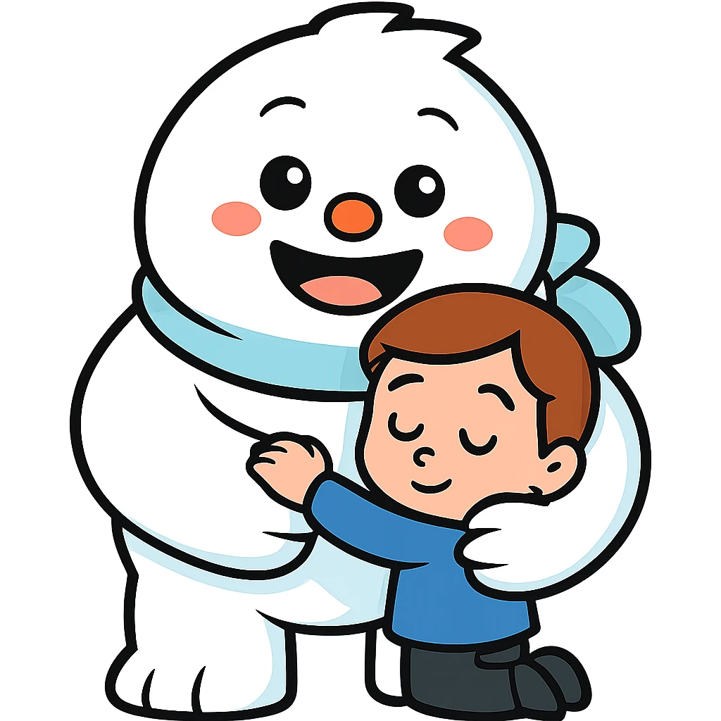 Make the kid much smaller while being hugged by the Abominable Snowman, keep the background transparent. The style should resemble the original image's look and feel. emoji