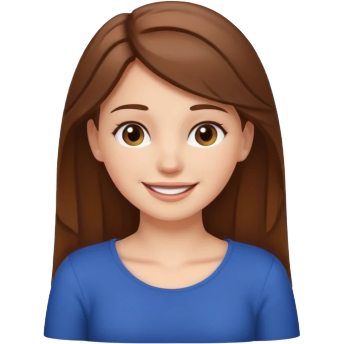 White girl with brown hair smiling slightly and holding neck emoji