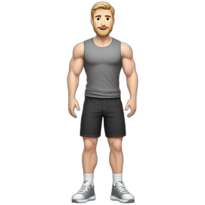 Full height Pale skinned fit man With biceps, Realistic eyes and mouth, light brown hair and stubble In dark gray sleeveless mike, black oversize sports shorts, watch and white sneakers. emoji