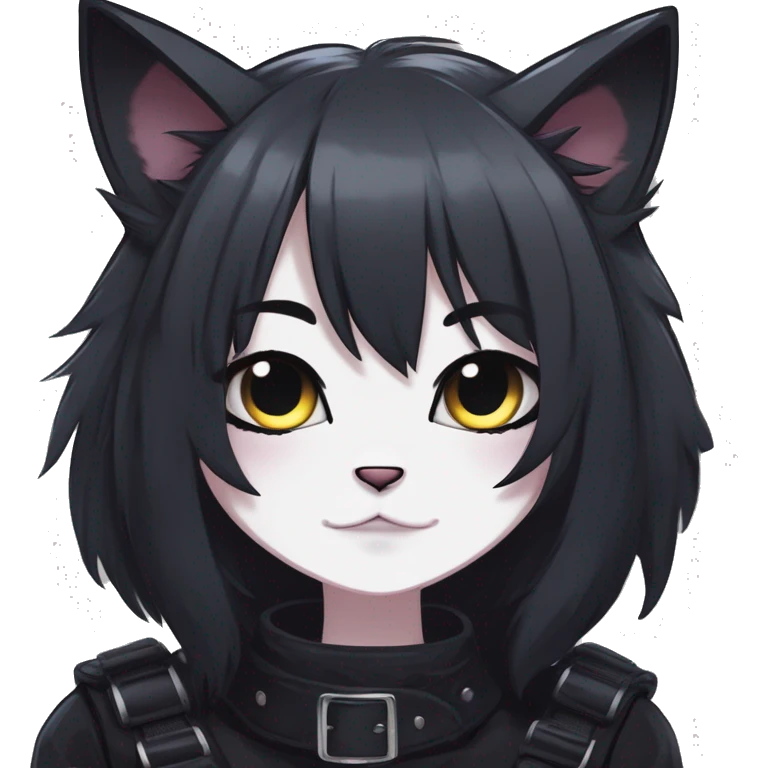 Gorgeous furry gothic dark techwear anime style anthro black cat furry sona with blushing face aesthetic and pretty edgy black with collar and harness trending style emoji