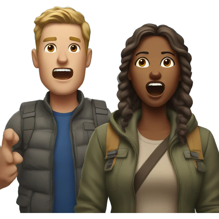 White man and brown-skinned woman yelling from a mountain top emoji