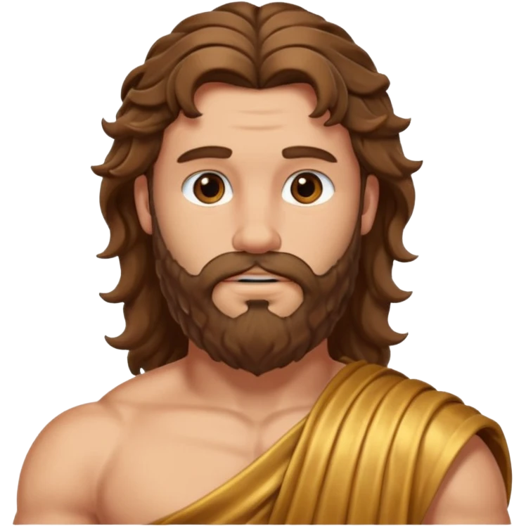 Hercules from The Olympians with long brown wavy hair and beard, bronze toga emoji