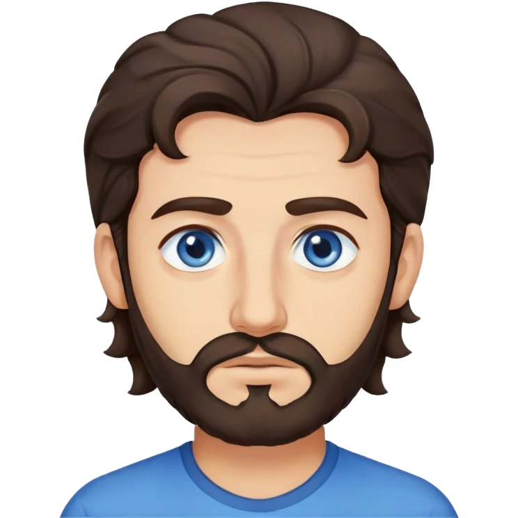 Lebanese man with one blue eye and one brown eye, dark brown longish wavy hair, light beard, closed mouth, kind expression, blue shirt emoji