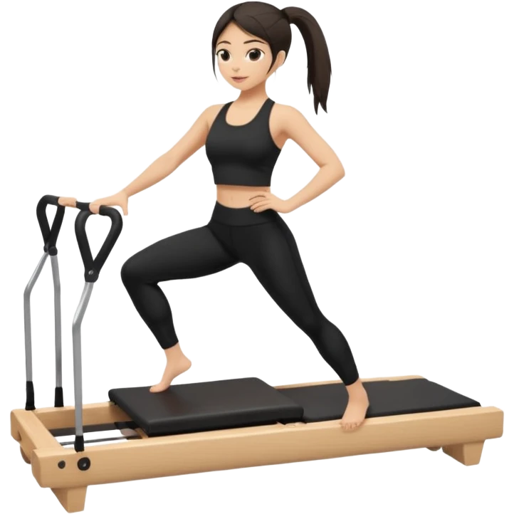 a girl doing reformer pilates, she is wearing a black fit and she has dark straight and loose hair emoji