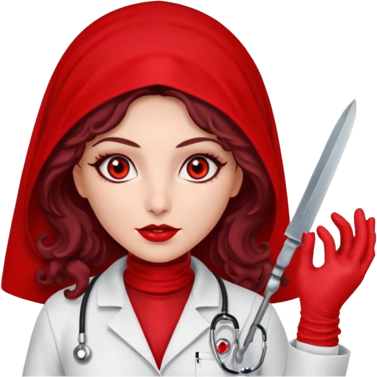 Lilith scalpel in hand, evil surgeon outfit.  She has red eyes. She has dark brown curly hair. Hair is long . Wears sexy doctor outfit with red gloves. Clears, mouth with Muslim red burka emoji