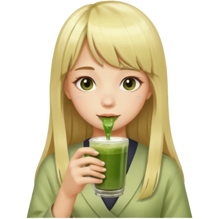 a girl have long blonde hair with bangs drinking matcha emoji