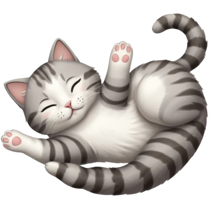 grey and white small cat eyes closed lying down upside down with paws stretched out straight in different directions emoji