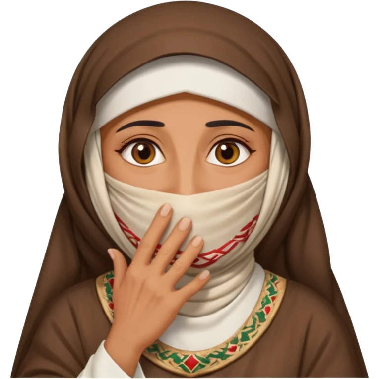 an old emirati women wearing traditional cloths covers her face with burg'a emoji