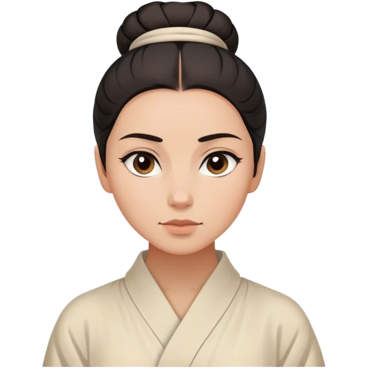 Cinematic Serene Mulan Portrait Emoji, rendered in a simplified vector style. Depict a gentle Mulan (chest and above) with warm, radiant skin, sleek dark hair pulled back in a neat bun, and a calm, thoughtful expression, wearing a simple traditional robe in muted hues. The design glows softly with an elegant, inviting light. emoji