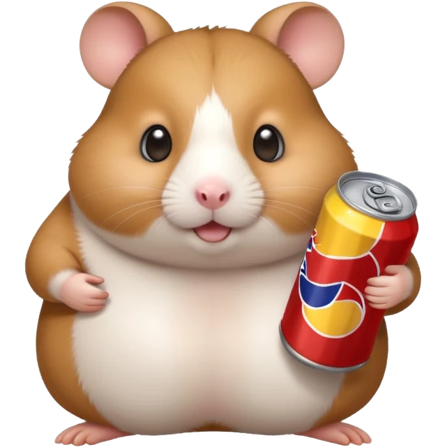 Funny cartoon-style fat hamster wide eyed with a can of redbull emoji