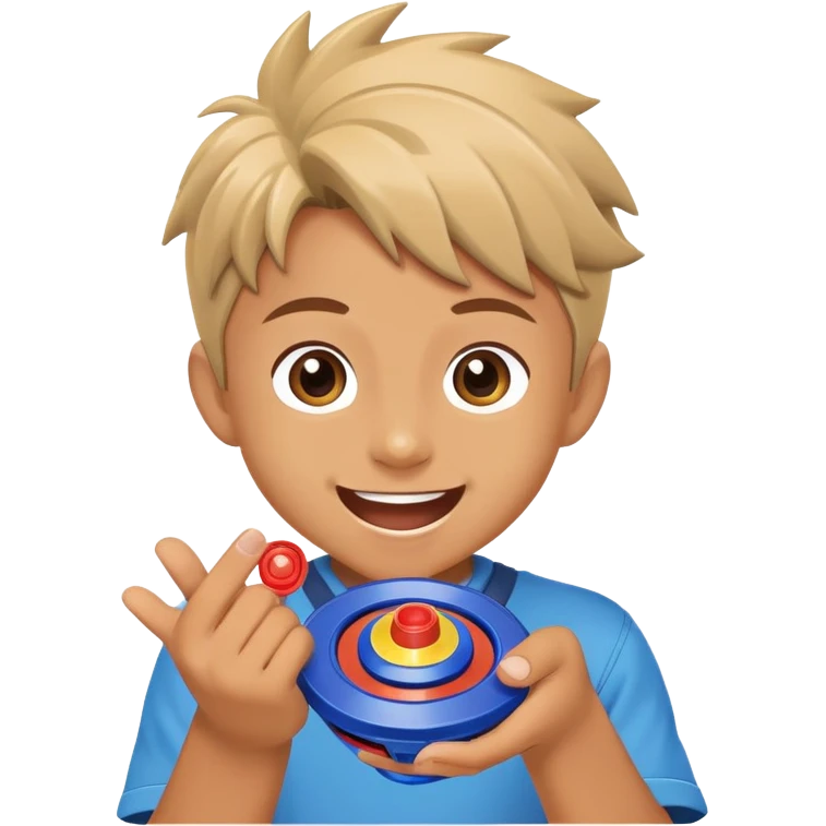 excited child holding a beyblade spinning top toy, happy face emoji