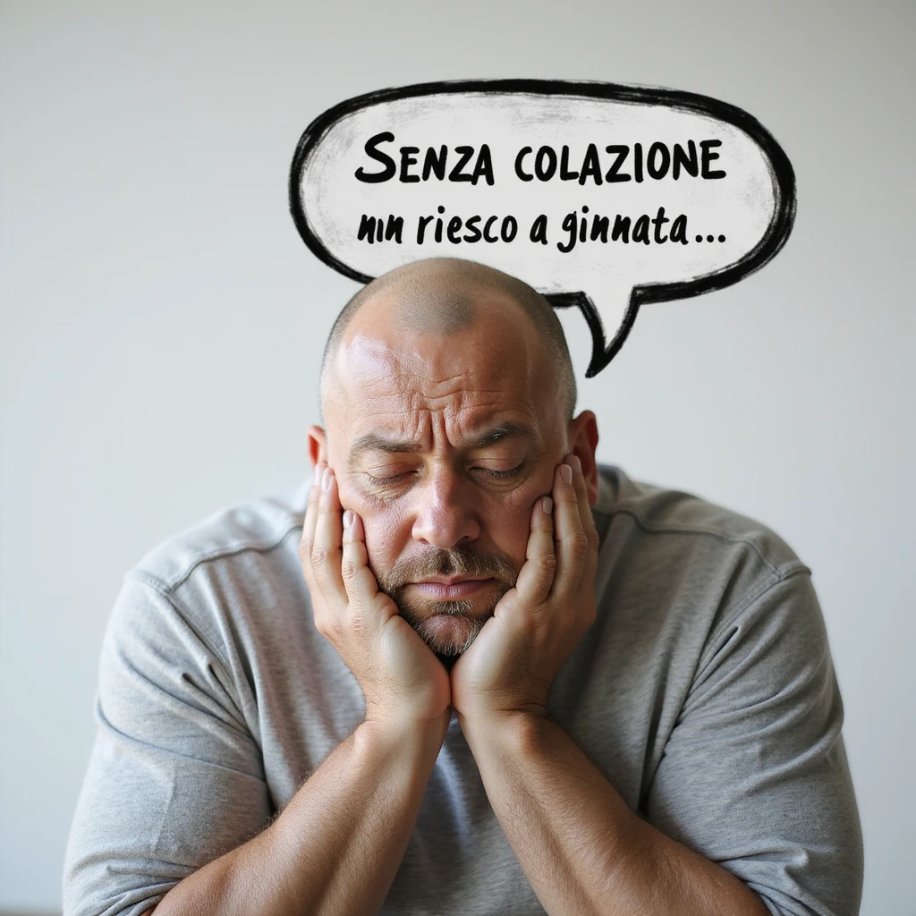 hyperrealistic 4K man isolated on white background, speech bubble saying 'Senza colazione non riesco a iniziare la giornata', sleepy expression, realistic details, different pose, variant 3 emoji